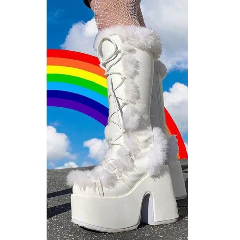 High Heel Platform Boots With Fur