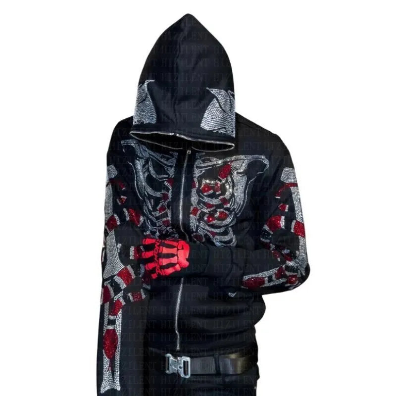 Hoodie Men Y2K rhinestones Skeleton Long Sleeve Sweatshirt