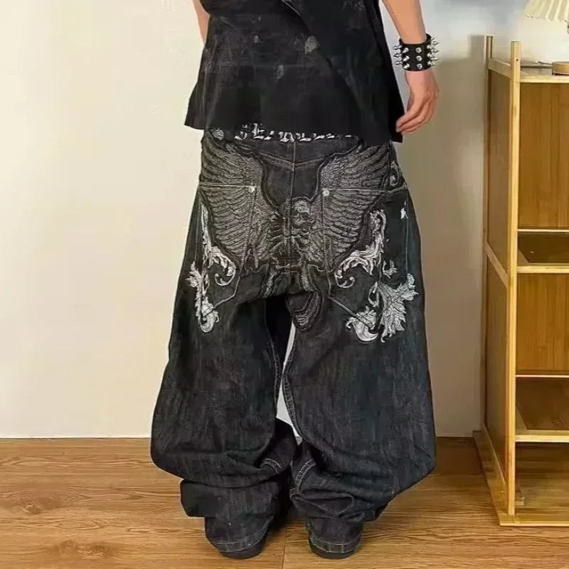 Skull Embroidered Baggy Jeans