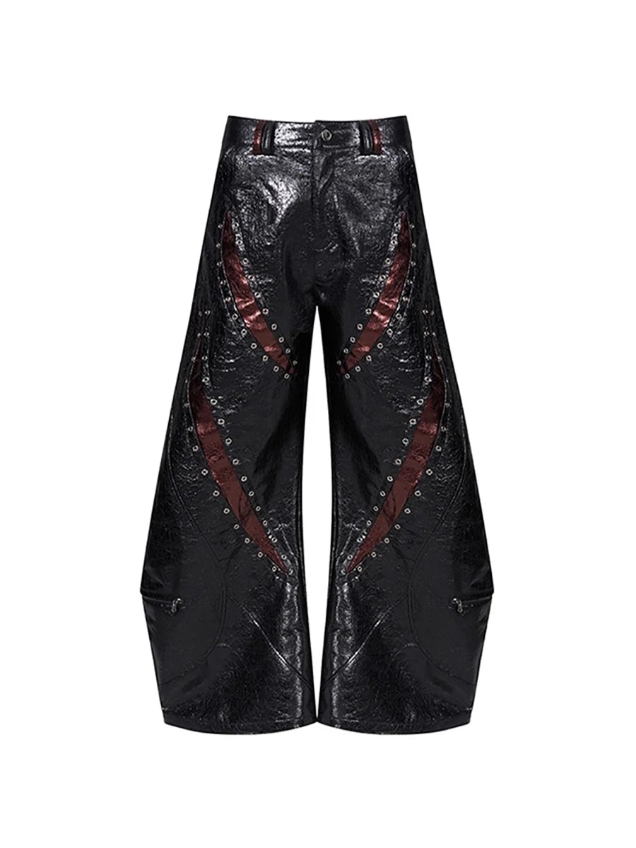 Gothic Rivet Design Flared Leather Pants