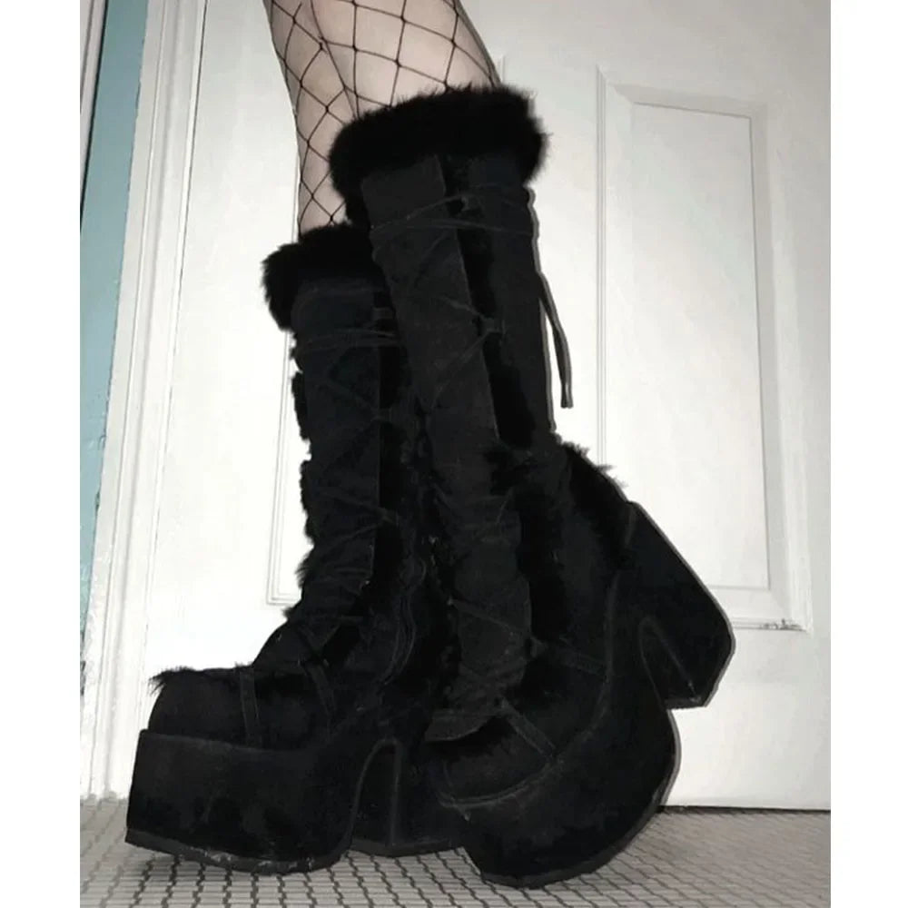 High Heel Platform Boots With Fur